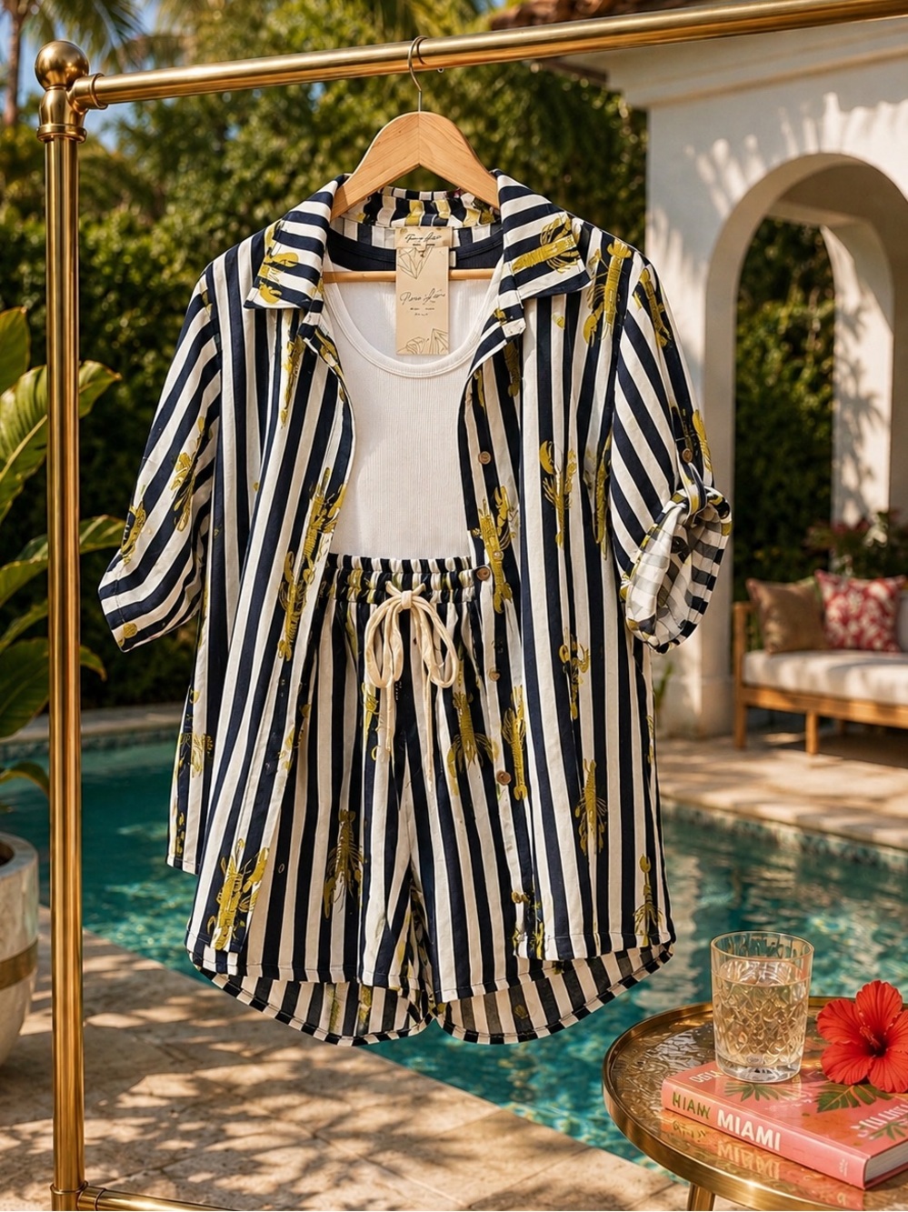 Made in Italy Navy Blue & White Striped Lobster Print Shirt and Shorts Set OS